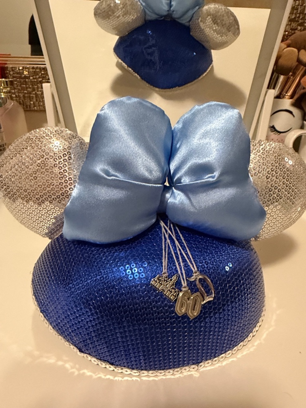 60th Anniversary Disneyland  Blue Minnie Ears Headband with Satin Bow